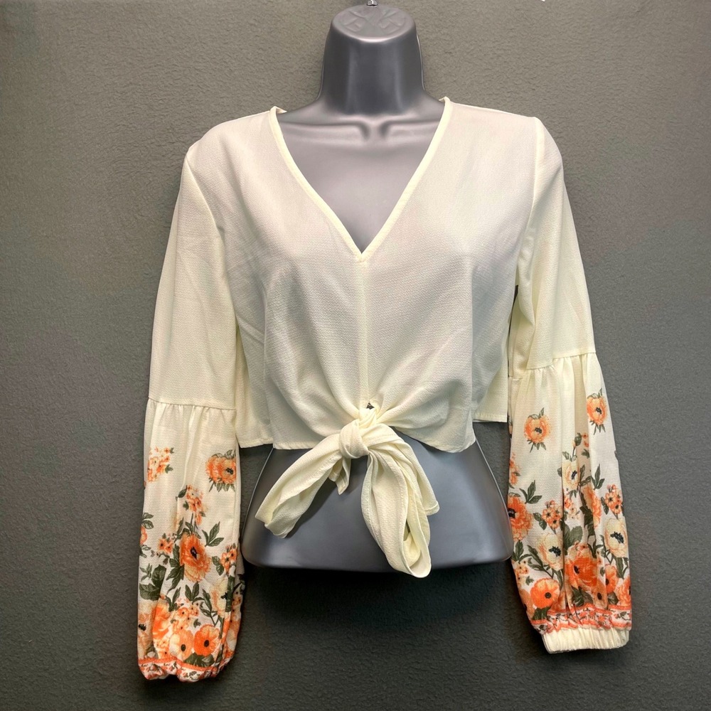 Boho Women Crop Top Floral Balloon‎ Sleeve Cream Small Tie Front V-Neck